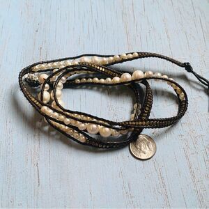 Brown‎ Leather Genuine Pearl Brass Bead Wrap Bracelet